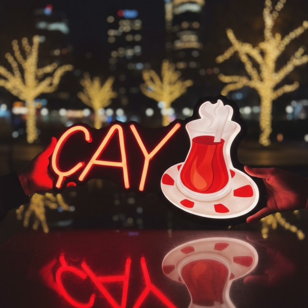 ÇAY" Işıklı ve UV Baskılı Leon ve Neonled Dekoratif Duvar Yazısı Tabelası (53x23 CM)