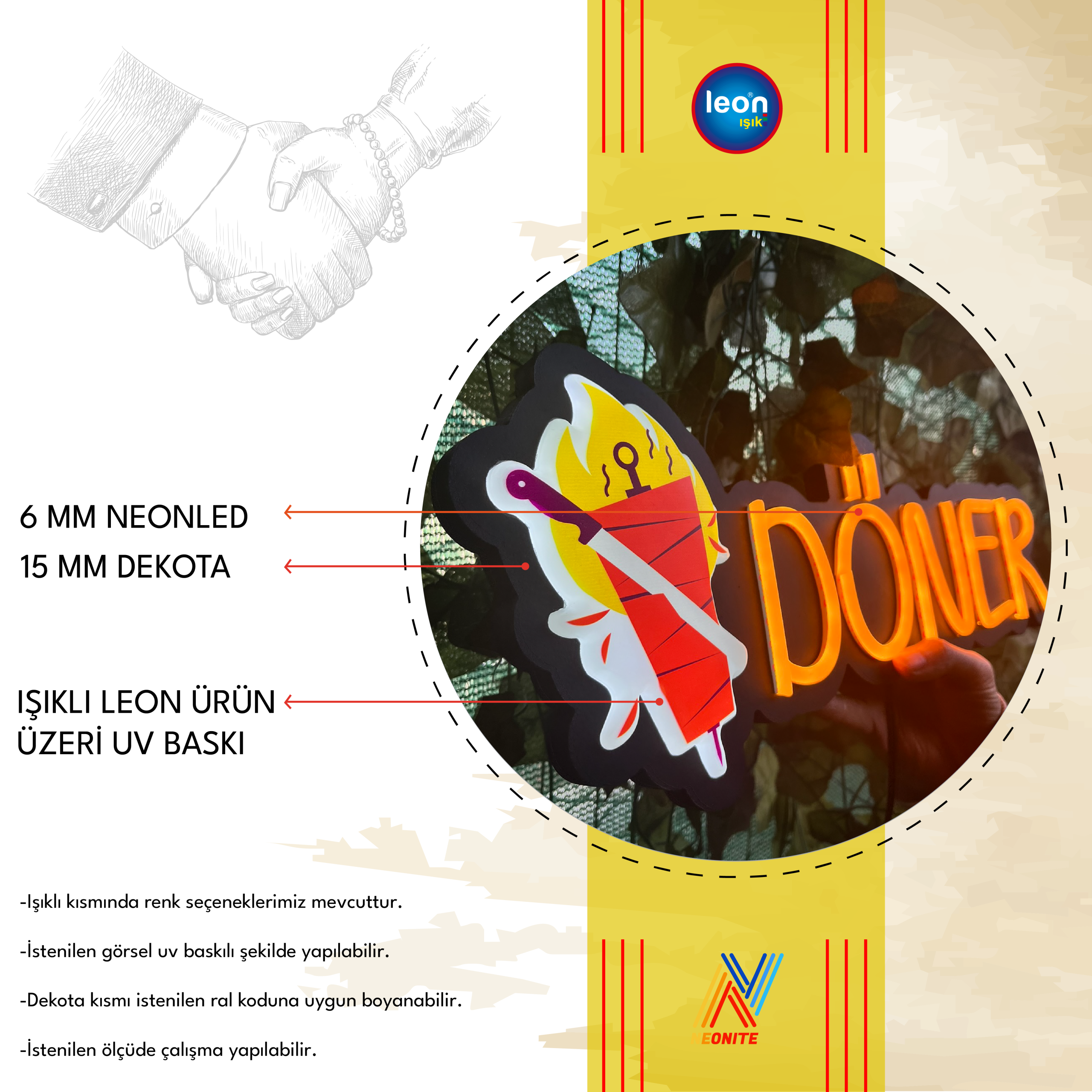 “DÖNER” Işıklı ve UV Baskılı Leon ve Neonled Dekoratif Duvar Yazısı Tabelası (42*17 CM) - Görsel 7